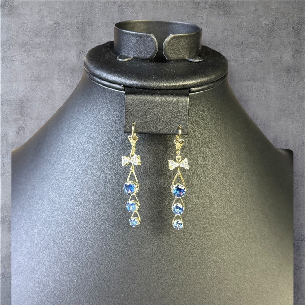189. Blue‎ Rhinestone Bow Dangle Earrings Lever-back